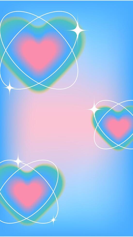 Pink hearts surrounded by glowing rings and sparkles on a gradient blue and pink background. Social media story template for Valentines Day and romantic posts. vector