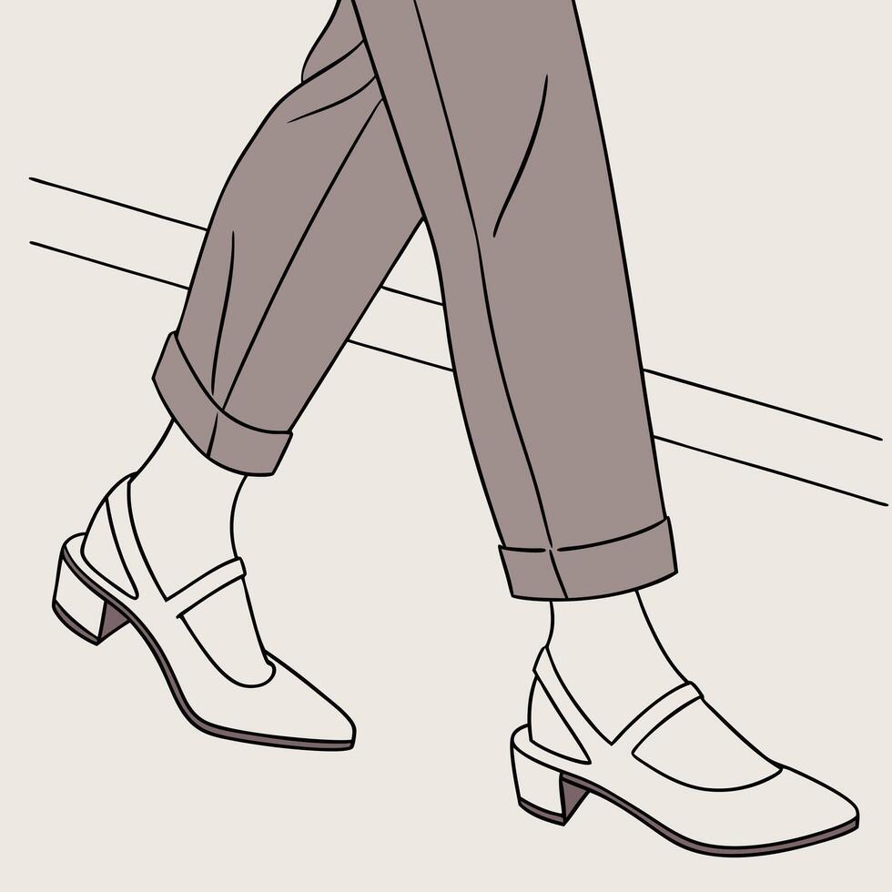 Stylish Womans Legs in Gray Pants and White Heels Walking. vector