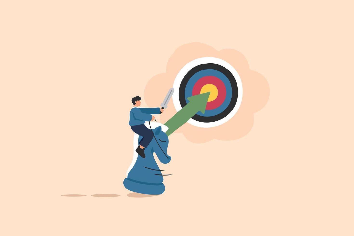 Strategic Aim and Target Achievement. Strategic Planning. A green arrow points directly at the bullseye of the target. vector