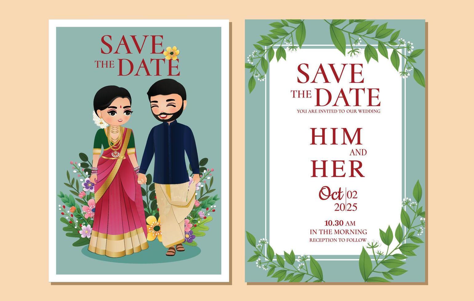 Indian wedding invitation card cute Hindu couple cartoon character in Front and Back View vector