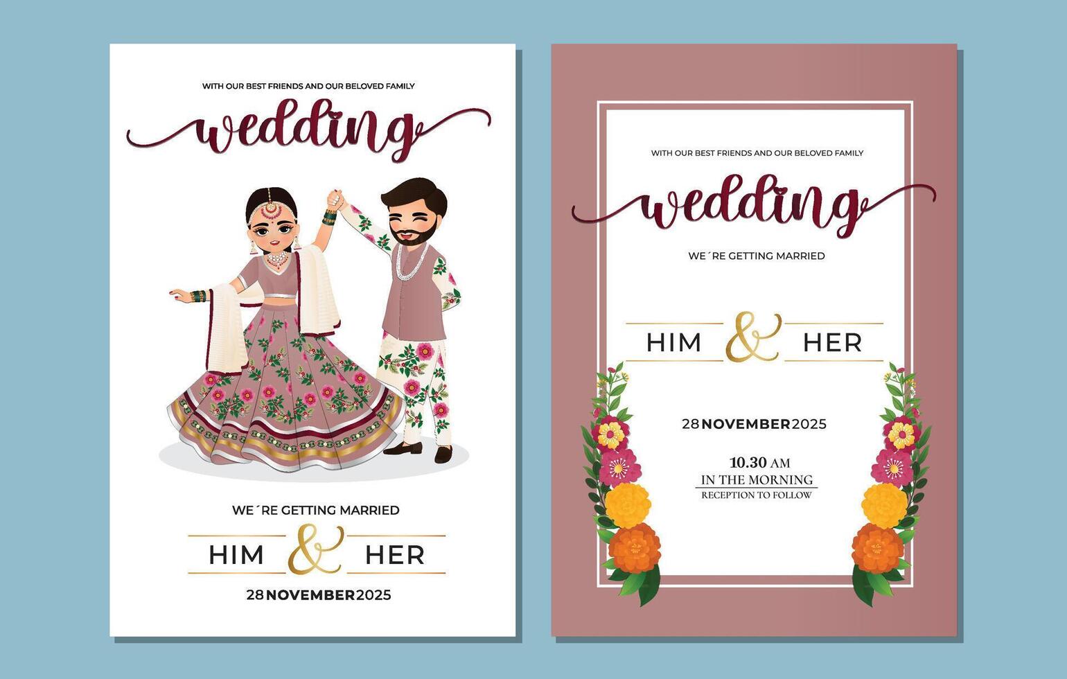 Cute couple dance in traditional indian dress cartoon characters bride and groom vector