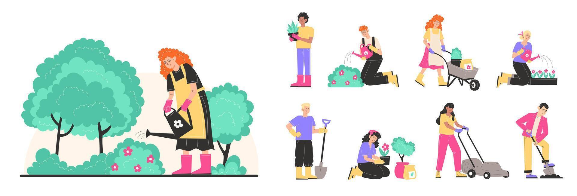Set of human characters working in the garden vector