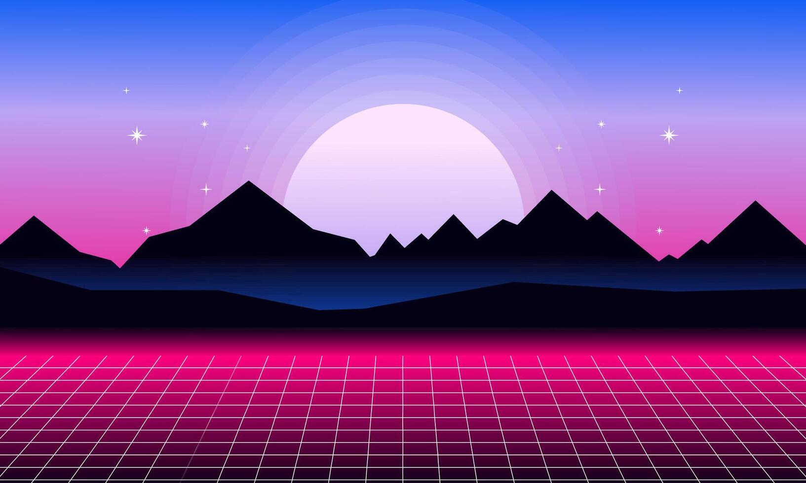 Vaporwave Landscape Illustration. Retro Landscape Skyline with Neon Light Grid Sun and Mountain Sci-Fi Futuristic Concept for Background and Wallpaper vector