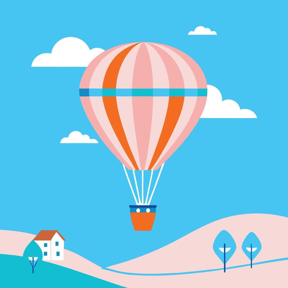hot air balloon is flying over a field of trees vector