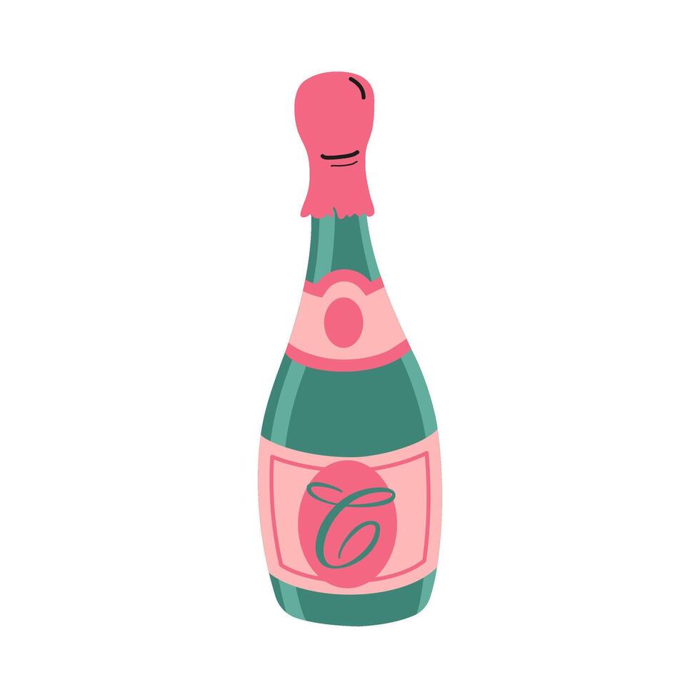 Festive bottle of champagne with pink label. Happy New Year, Valentines Day and birthday. Square Background. flat illustration. For printing, menus, packages and products. vector