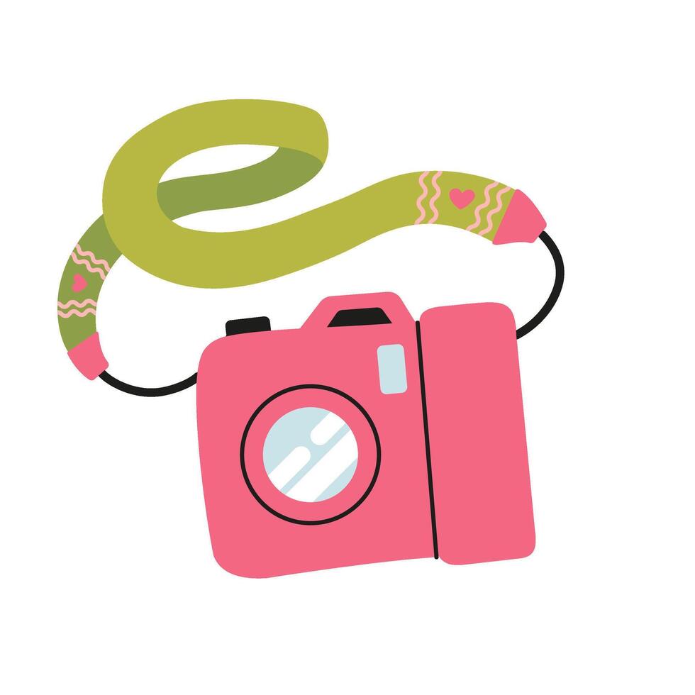 Pink camera. For shared keepsake photos, travel. Fashion accessory. Birthday or valentine's day gift. Capture moments of life and love. Square Background. flat illustration. vector