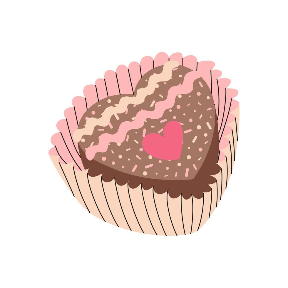 Chocolate candy in shape of heart. Candy in an individual package, with pink sprinkles. Sweets as a gift for Valentine's day, birthday and other holidays. Handmade delicious. flat illustration. vector