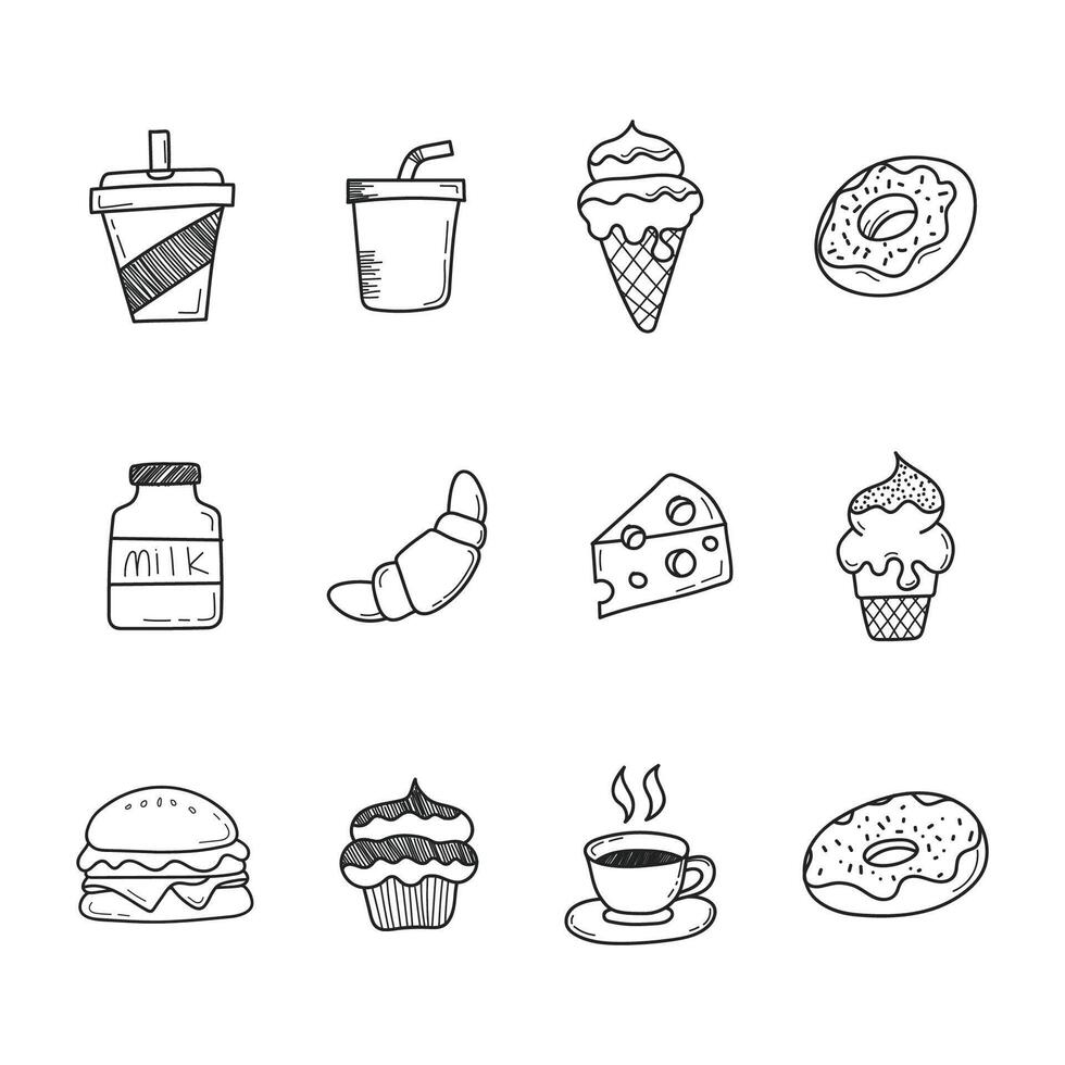Food and Beverage Set Donut, Burger, Coffee, Croissant, Cheese, Ice Cream Outline Collection vector