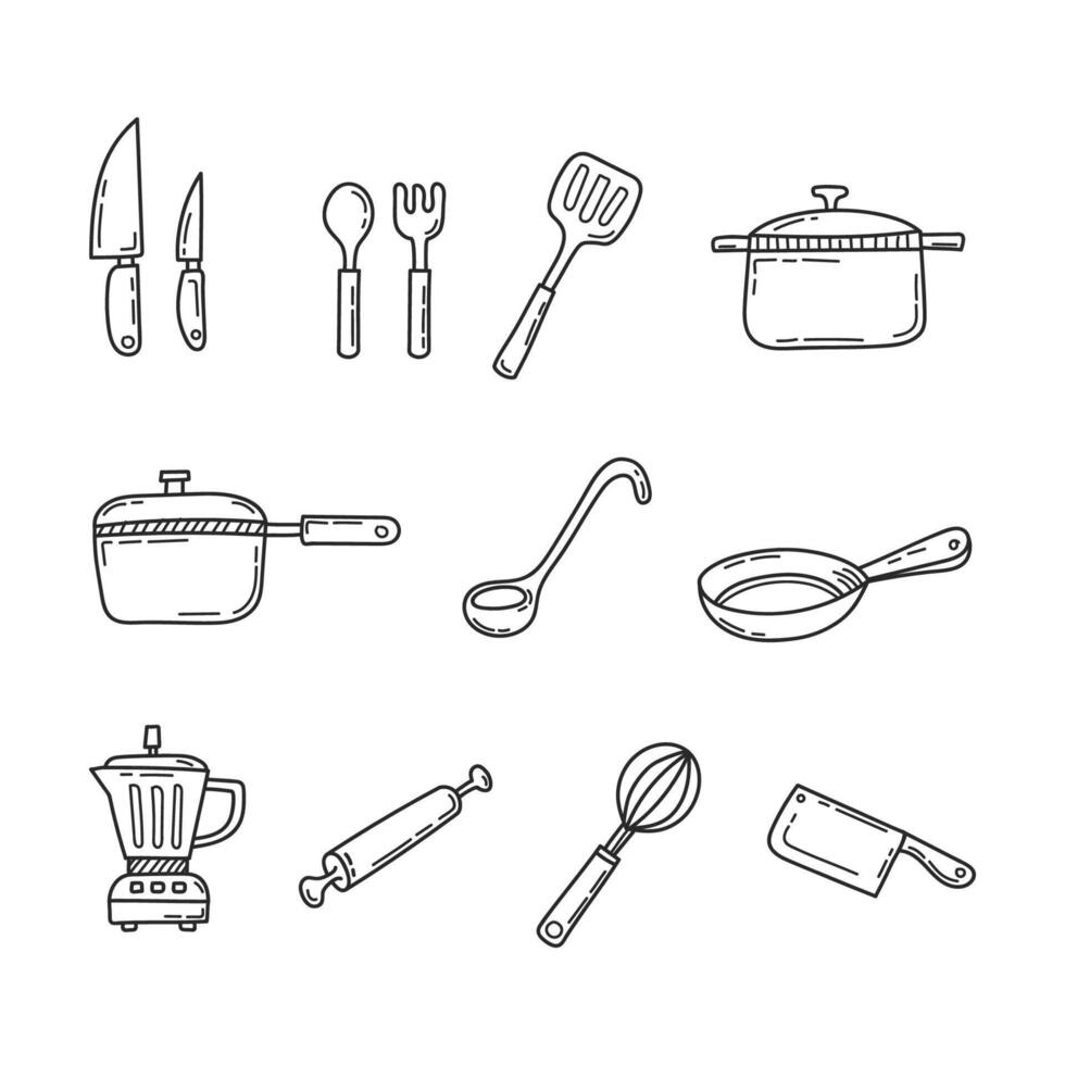 Kitchen Utensils Outline Set Hand Drawn Cooking Tools Collection vector