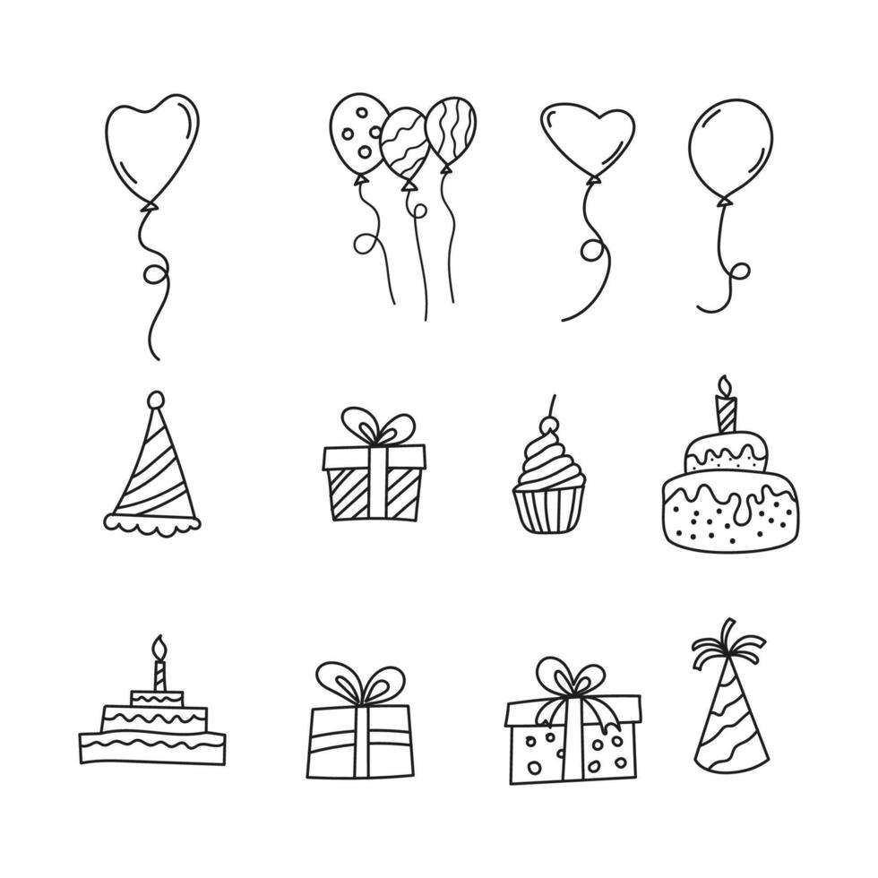 Birthday Elements Set Cake, Balloons, Gifts, Hat, and Party Icons Outline Collection vector