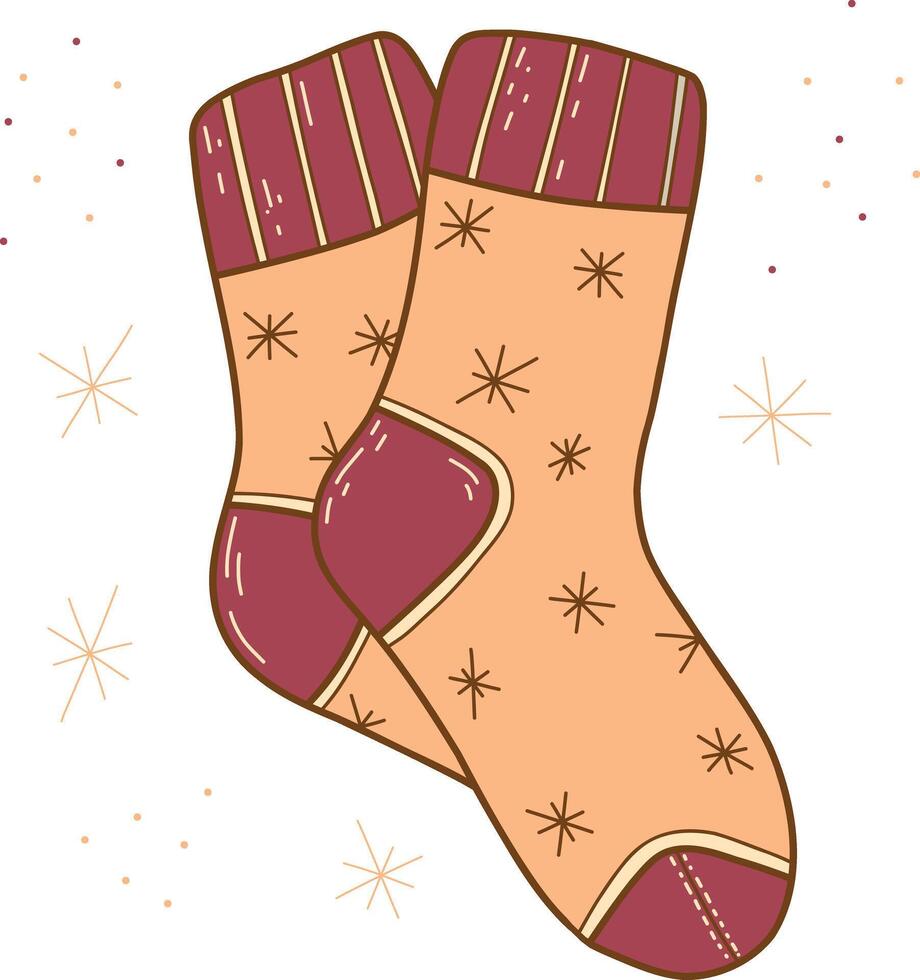 Set of hand drawn illustrations of warm socks. Knitted wool clothing. Outlines of elements of winter clothing. Winter is coming vector