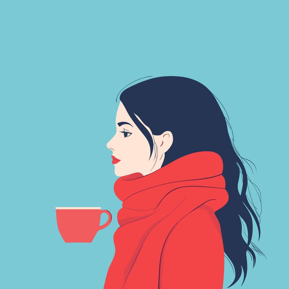 Woman in Red Scarf with a Cup of Coffee on a Cold Day. Illustration. Minimalist Illustration . vector