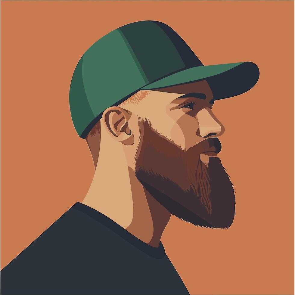Profile View of a Bearded Man Wearing a Green Cap. Illustration. Minimalist Illustration . vector