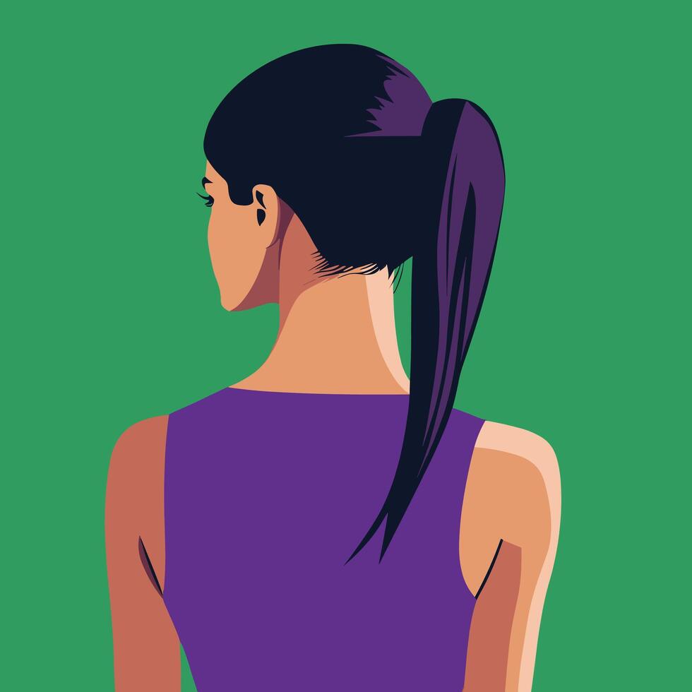 Back View of a Woman with a High Ponytail, Wearing a Purple Sleeveless Dress Against a Green Background. Illustration. Minimalist Illustration . vector