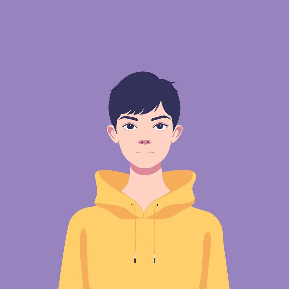 Portrait of a Young Person with Short Hair Wearing a Yellow Hoodie. Illustration. Minimalist Illustration . vector