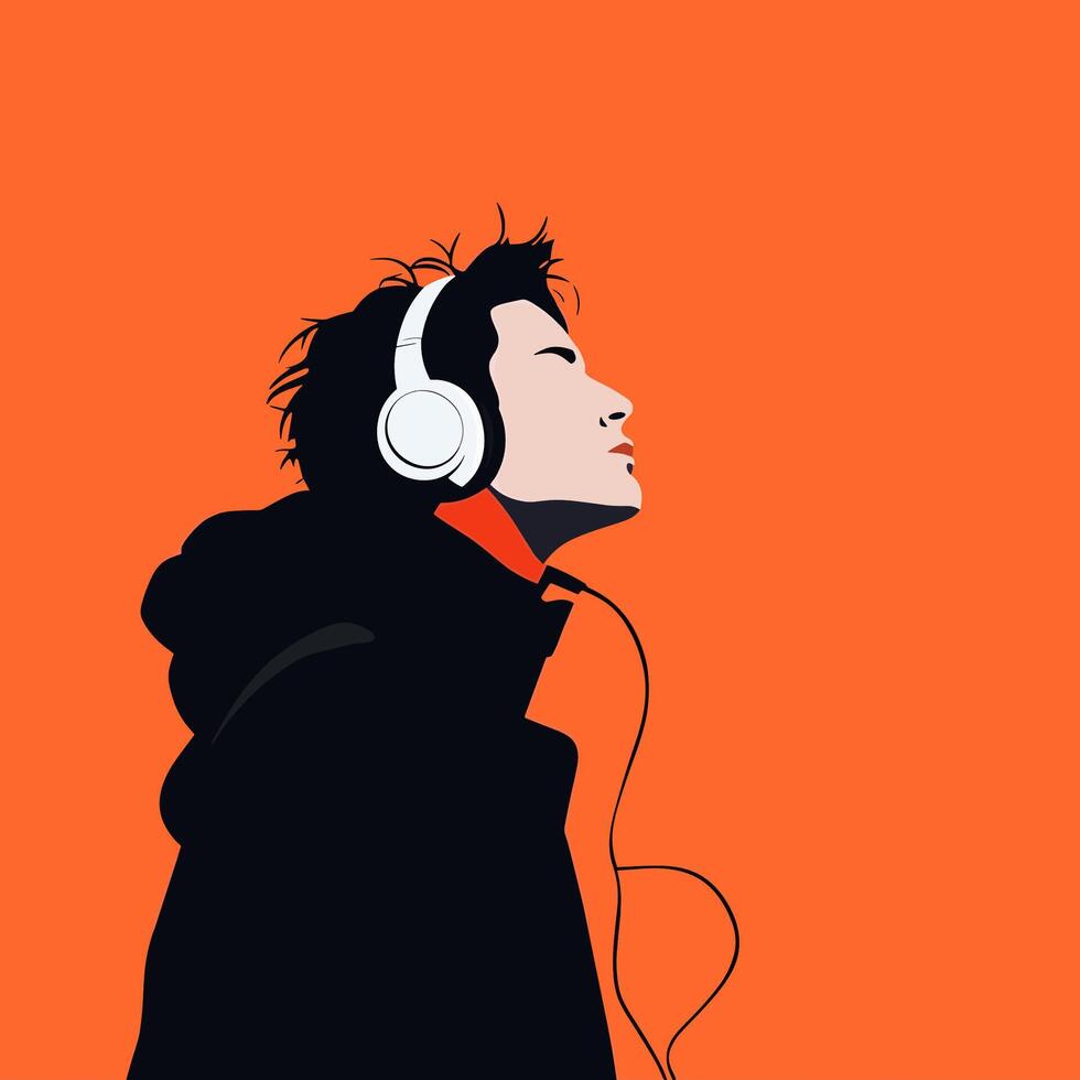 Stylish Person Listening to Music with Headphones Against a Vibrant Orange Background. Illustration. Minimalist Illustration . vector
