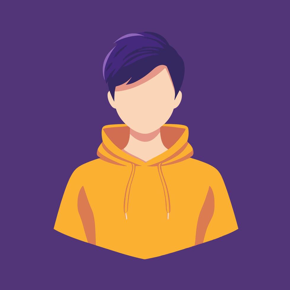 Stylish faceless person in yellow hoodie, purple background vector