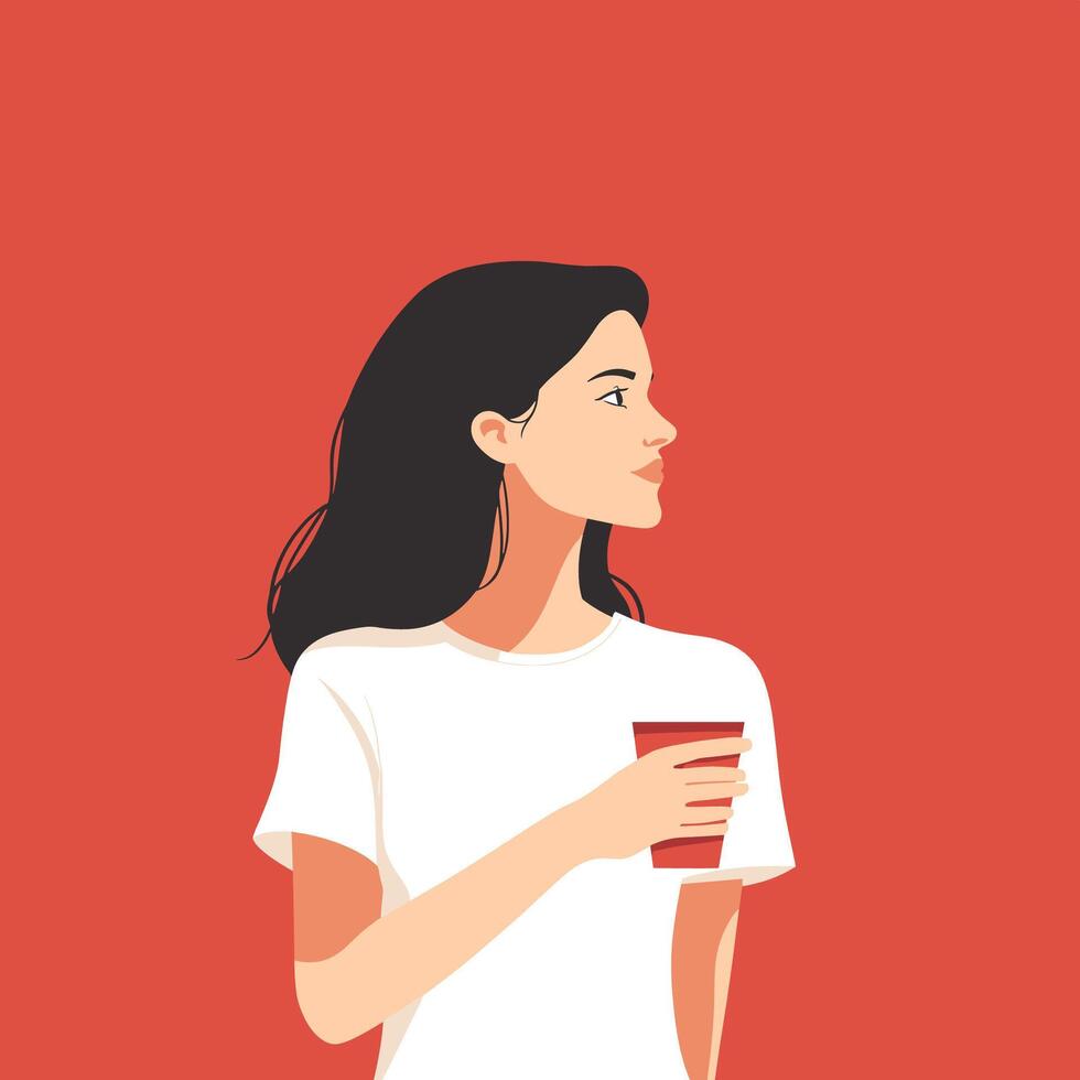 Side Profile of a Woman with Coffee in Hand Against a Red Background vector