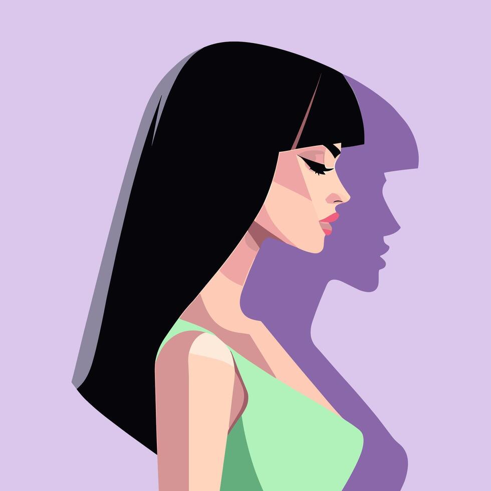 Profile of a Woman with Long Black Hair and a Pale Green Dress, Casts Shadow vector