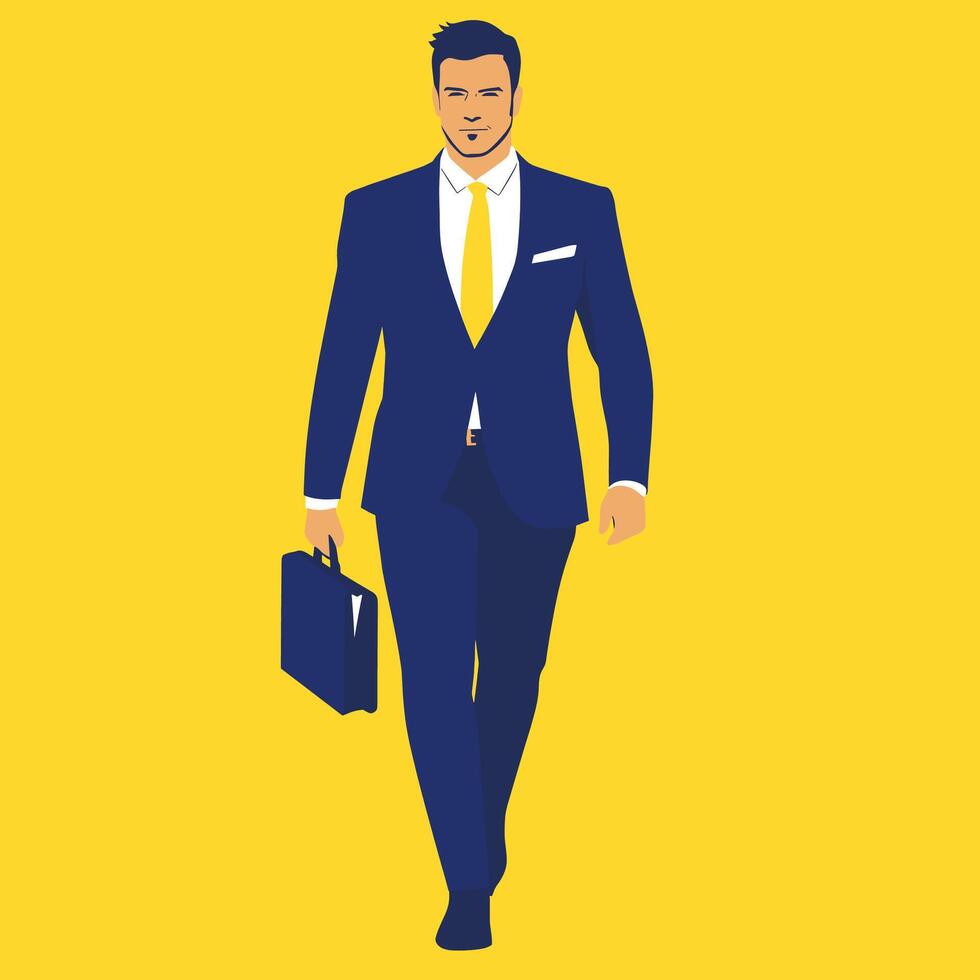 Confident Businessman Walking with Briefcase, Yellow Background. Illustration. Minimalist Illustration . vector