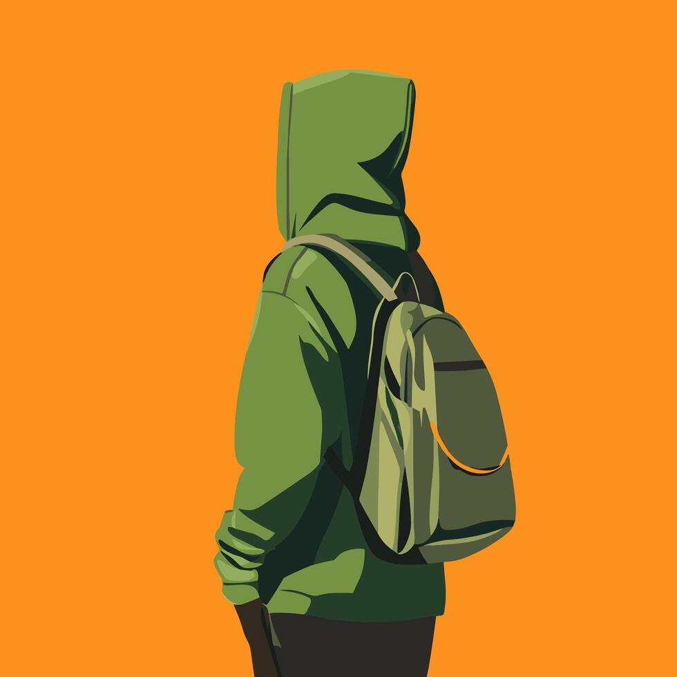 Back view of a person wearing a green hoodie and a backpack, standing against a vibrant orange background. vector