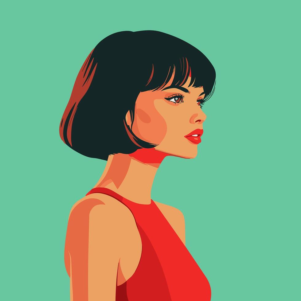 Elegant Woman with Bob Haircut in Red Dress, Profile View. Illustration. Minimalist Illustration . vector