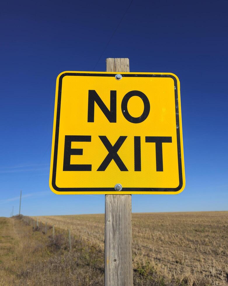A square, yellow, no exit sign, on a post against a blue sky. photo