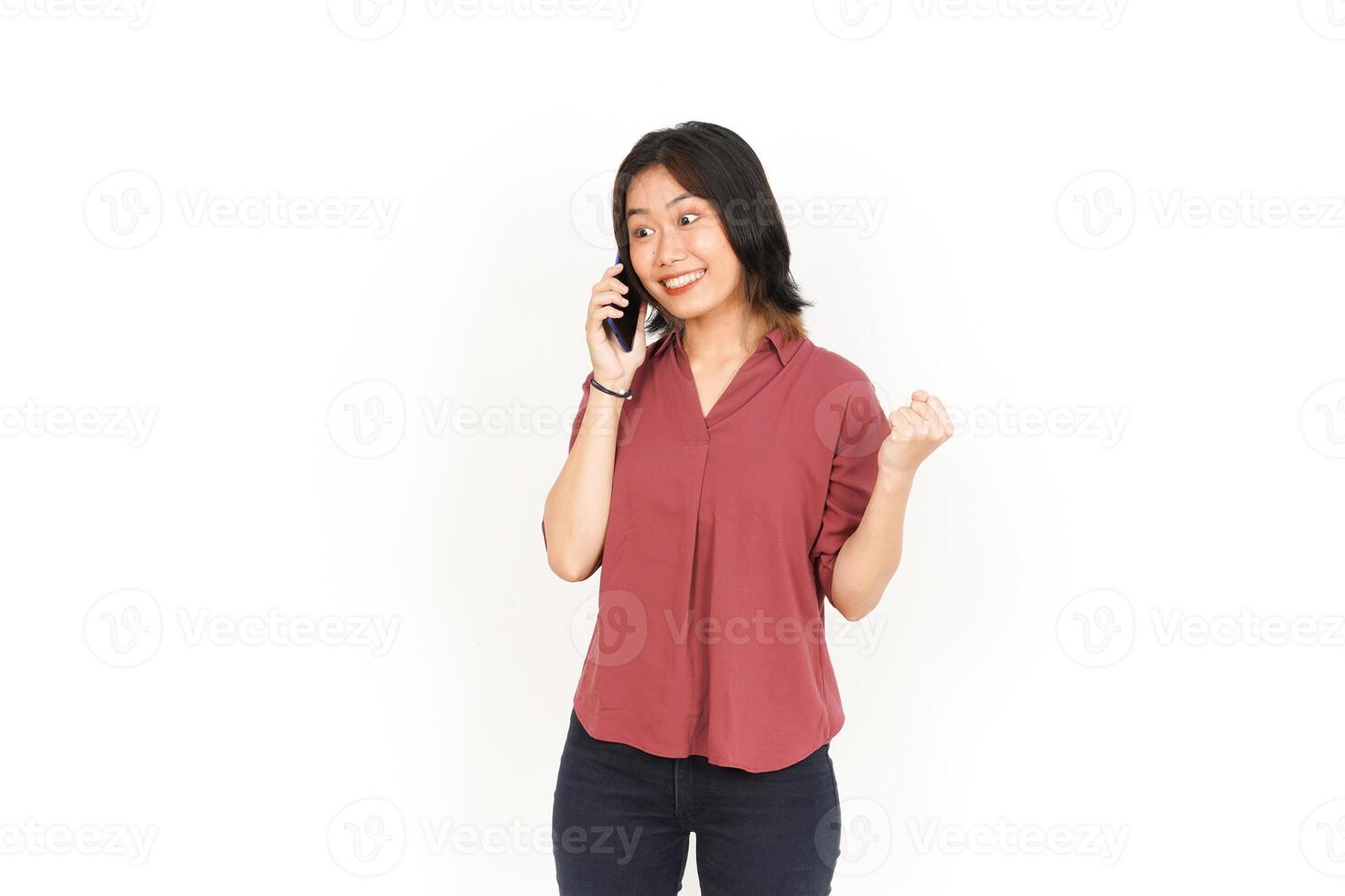 Make a Phone Call Using smartphone with Smile Face Of Beautiful Asian Woman Isolated On White Background photo