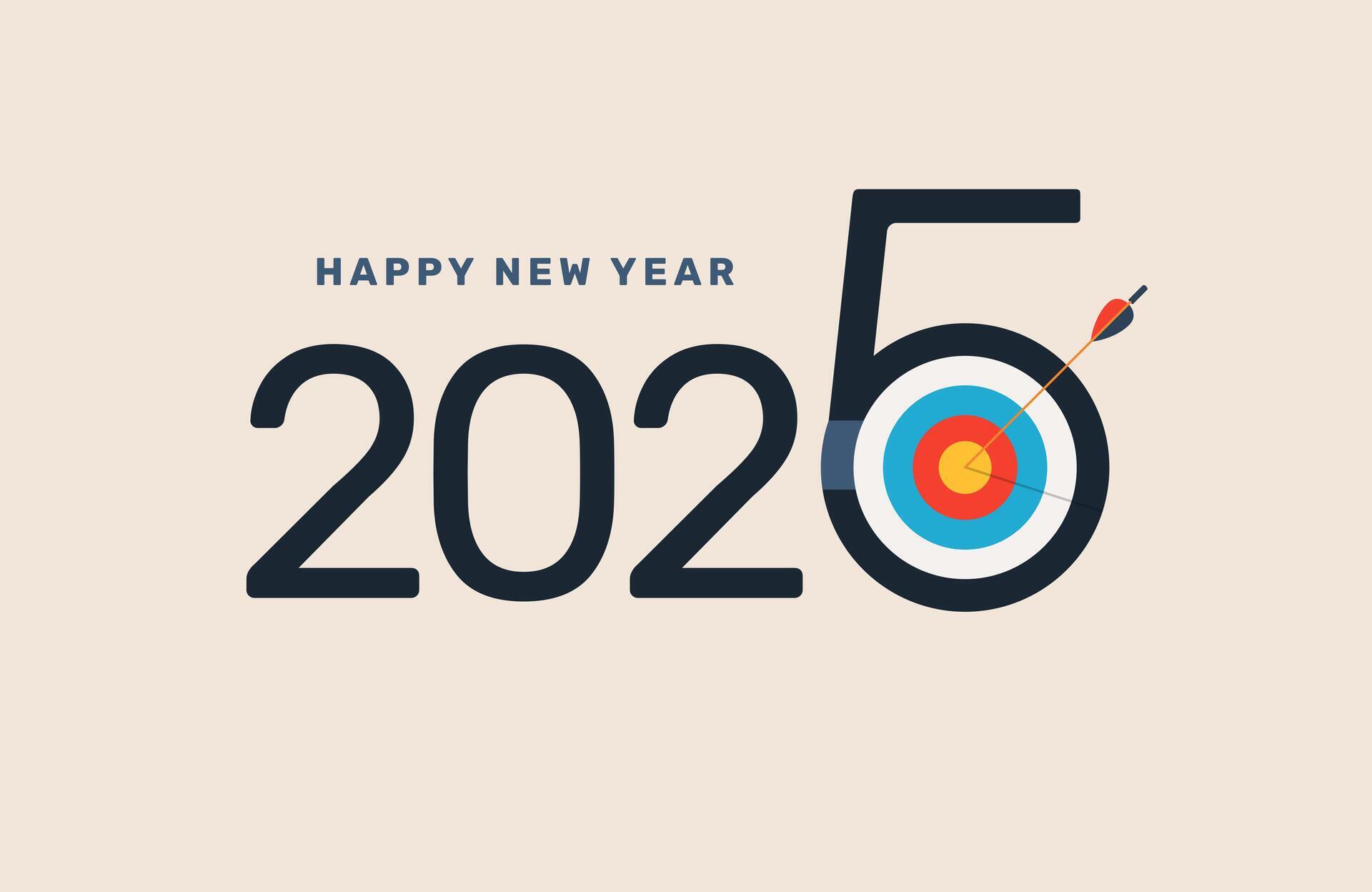 2025 Happy New Year. Numbers with target and arrow. Concept of making a