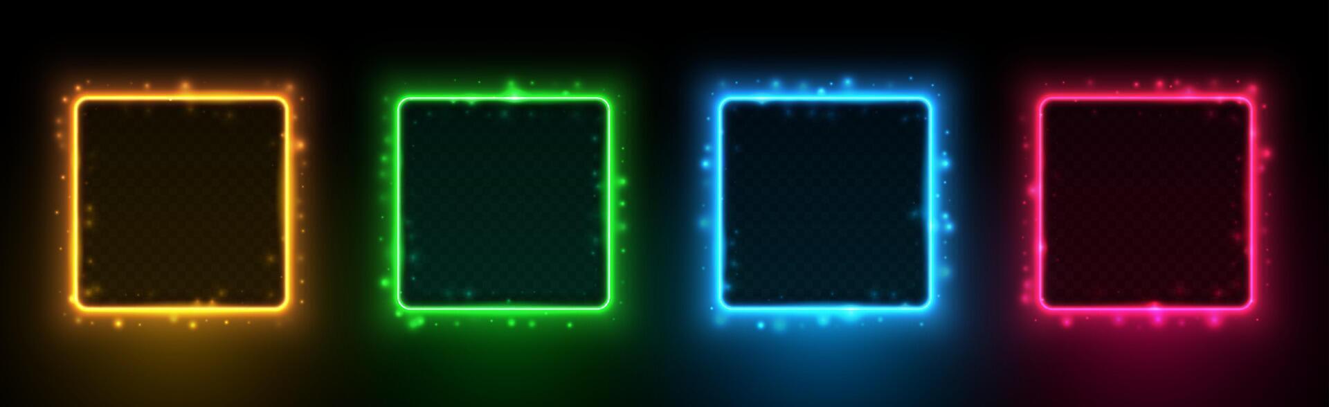 Set of square shining neon frames with futuristic highlights isolated on black background. vector