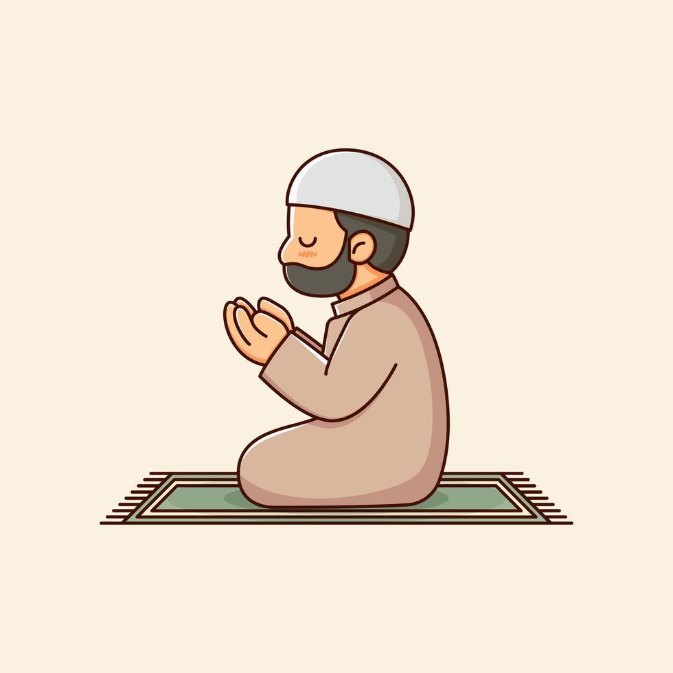 Simple Cartoon Illustration Of Islamic Worshiper in Traditional Clothing on Prayer Rug vector