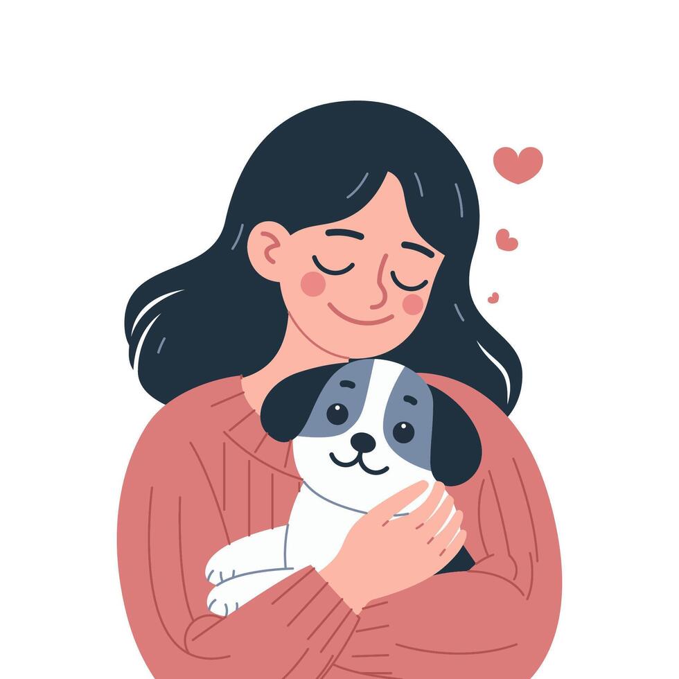 Simple Clean Soft Modern Flat Illustration of Girl and Dog in a Loving Hug with Minimalist Cartoon Style vector
