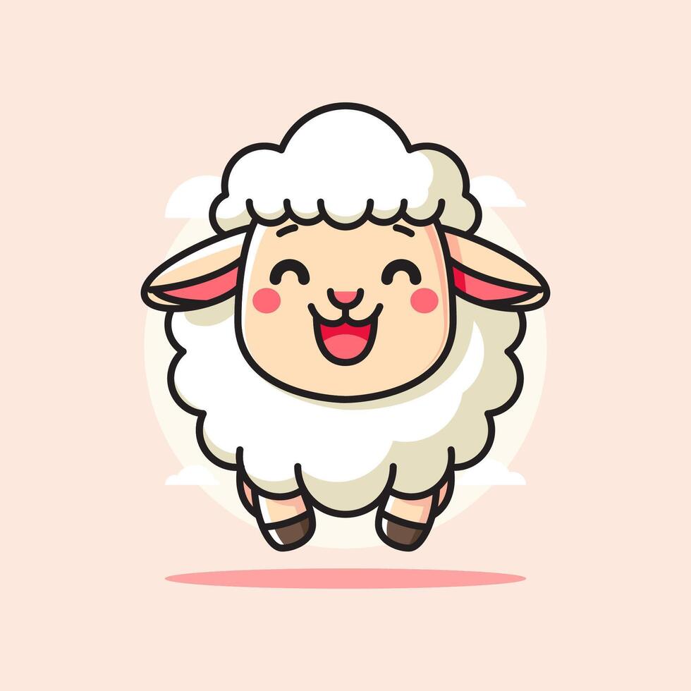 Jumping Simple Cartoon Illustration Of An Adorable Cute Sheep with Fluffy Wool and Happy Expression on Beige Clean Background vector