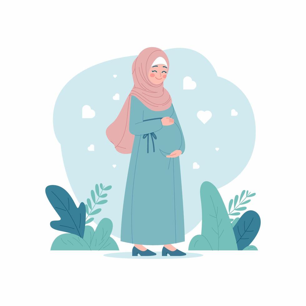 Simple Flat Soft Modern Cartoon Illustration of a Pregnant Muslim Woman in Hijab Surrounded by Hearts and Nature Motifs vector