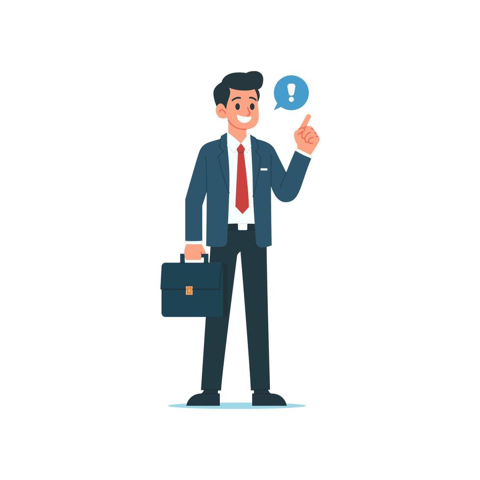 Professional Cartoon Businessman Standing with Briefcase and Speech Bubble Simple Modern Flat Clean Soft Illustration vector