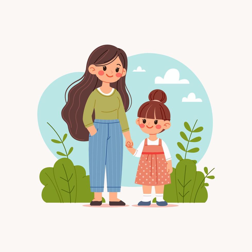 Cute And Stylized Simple Cartoon Illustration of Mom and Daughter Holding Hands In Outdoor Scenery vector