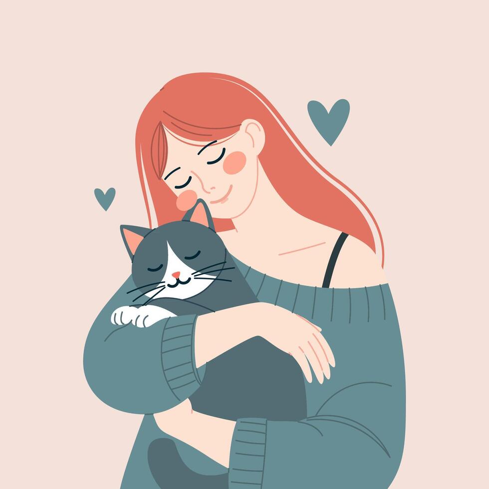 Simple Soft Flat Modern Style Illustration of Girl Hugging Her Lovely Cat vector