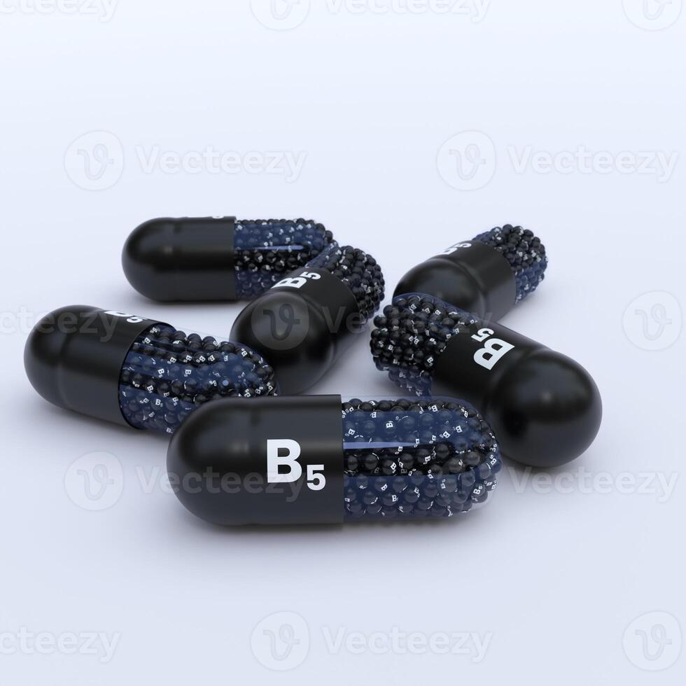 Vitamin B5 With Black Capsules, Granules and White Background photo