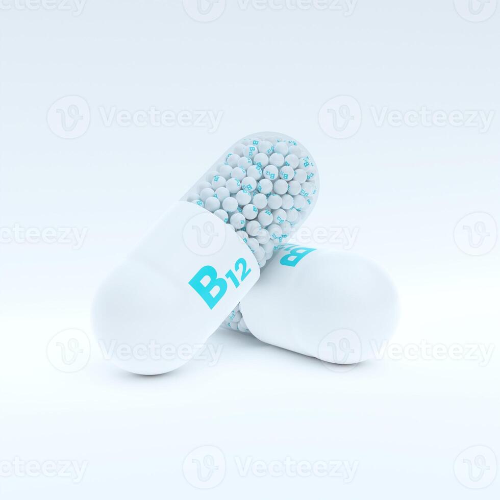 Vitamin B12 With White, Turqoise Capsule, Granules and Whtie Background photo