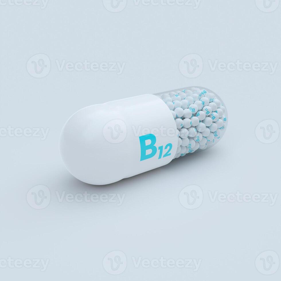 Vitamin B12 With White Capsules, Granules and White Background photo