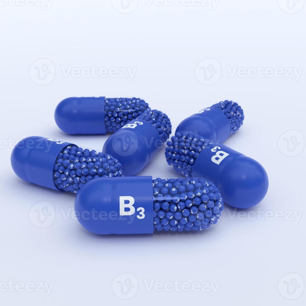 Vitamin B3, Blue Capsules, Granules and Whtie Background photo