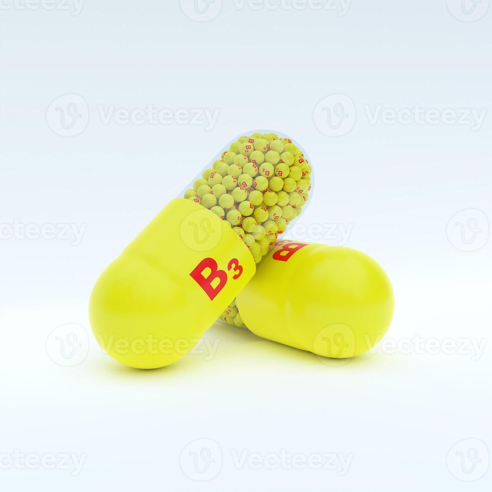 Vitamin B3 With Yellow Capsule, Granules and White Background photo