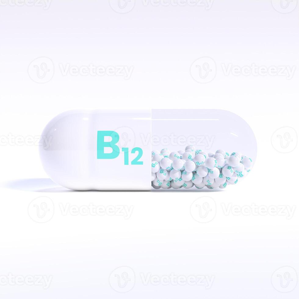 Vitamin B12 With White Capsule, Granules and White Background photo
