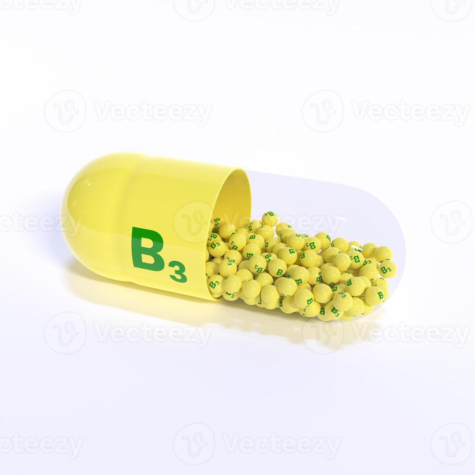 Vitamin B3 With Yellow Capsule, Granules and White Background photo