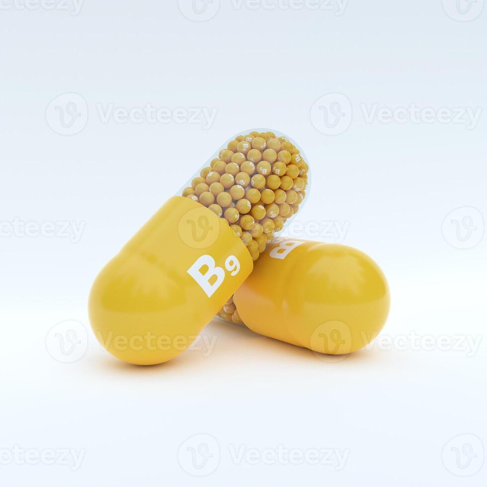 Vitamin B9 With Yellow Capsule, Granules and White Background photo