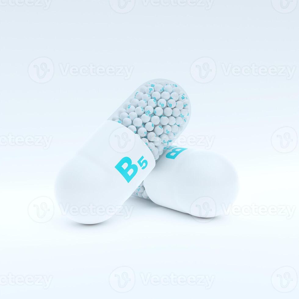 Vitamin B5 With White, Turqoise Capsule, Granules and Whtie Background photo