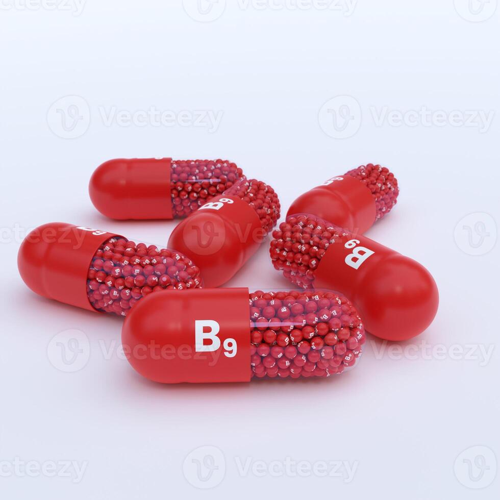 Vitamin B9 With Red Capsules, Granules and White Background photo