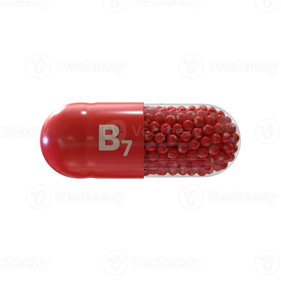 Vitamin B7 With Red Capsule, Granules and White Background photo