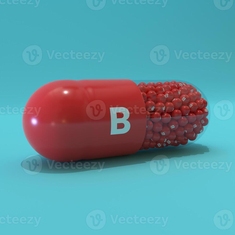 Vitamin B With Red Capsule, Granules and Turqoise Background photo