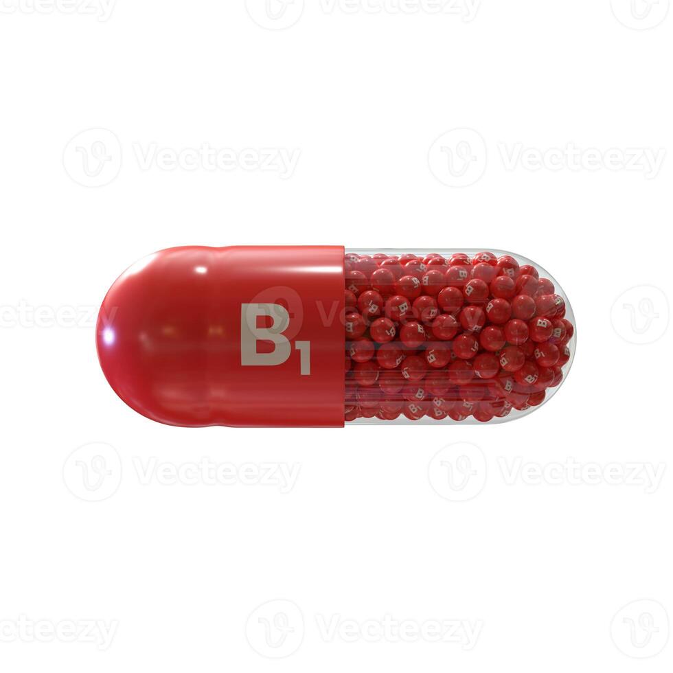 Vitamin B1 With Red Capsule, Granules and White Background photo